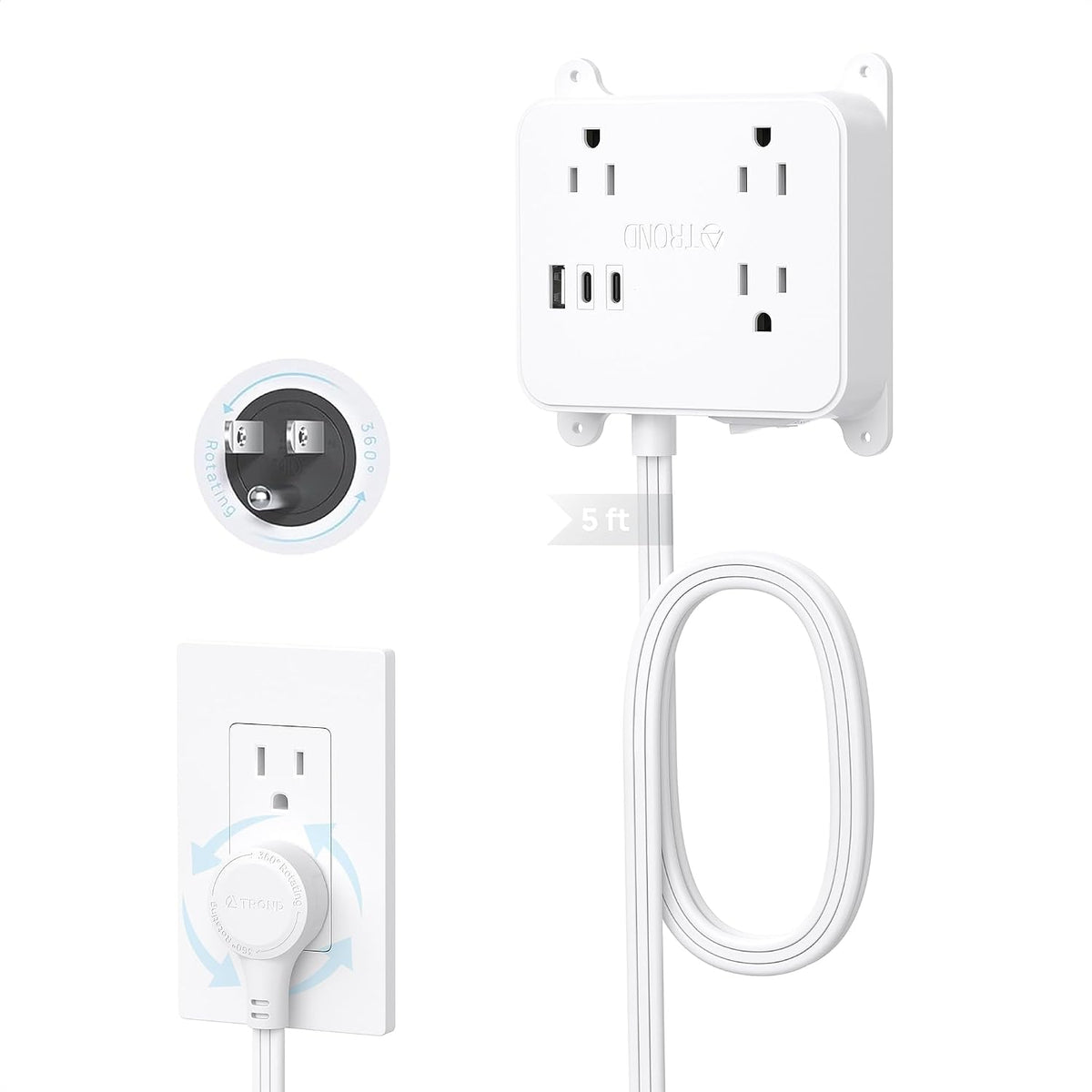 TROND Flat Power Strip with 360° Rotating Plug