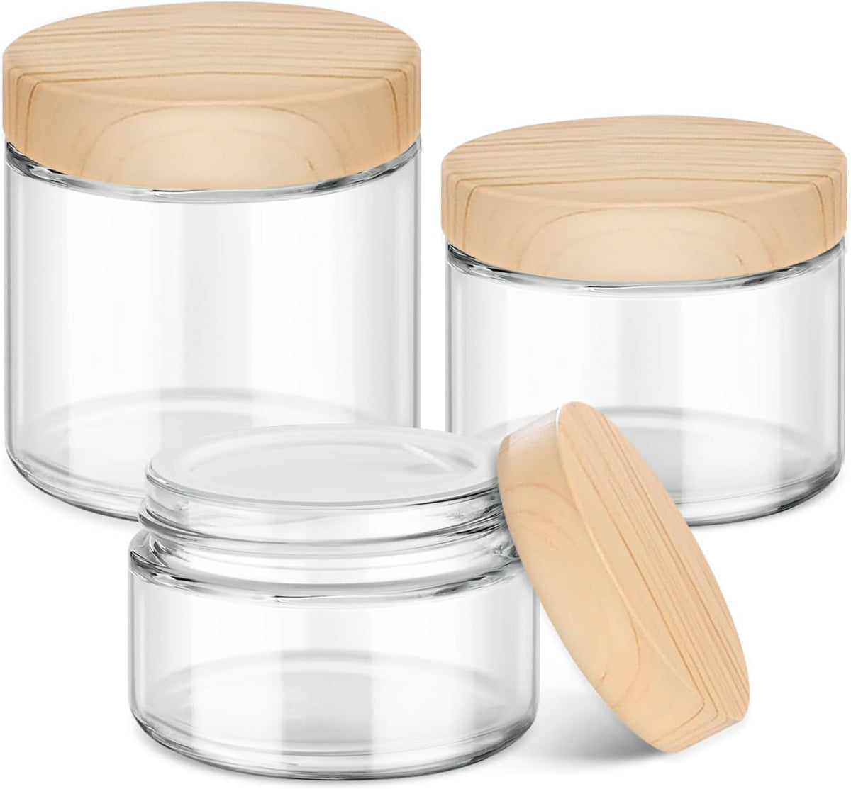 1 OZ, 2 OZ, 4 OZ Small Glass Jars with Plastic Woodgrain Lids, Stickers