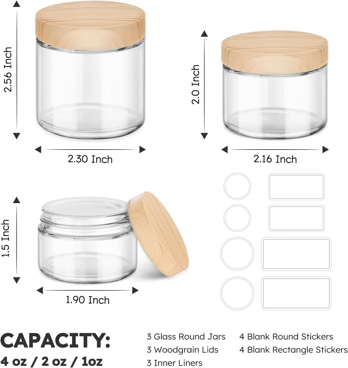 1 OZ, 2 OZ, 4 OZ Small Glass Jars with Plastic Woodgrain Lids, Stickers