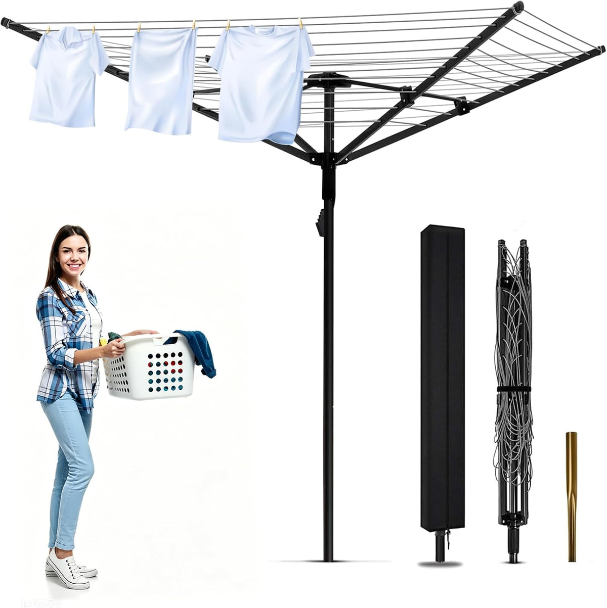Outdoor Umbrella Drying Rack, 12 Lines 165ft Space, Steel Frame Adjustable Height, 4 Aluminum Arms, Collapsible for Yard.