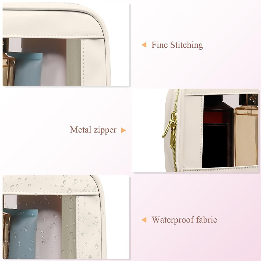 3-Piece Travel Clear Makeup Bag Set, Small Cosmetic Bag with Makeup Brush Case, Leather Waterproof TSA Approved Toiletry Bag with Zipper, Car Organization for Women (Beige-2, Mini+Slim+Medium)