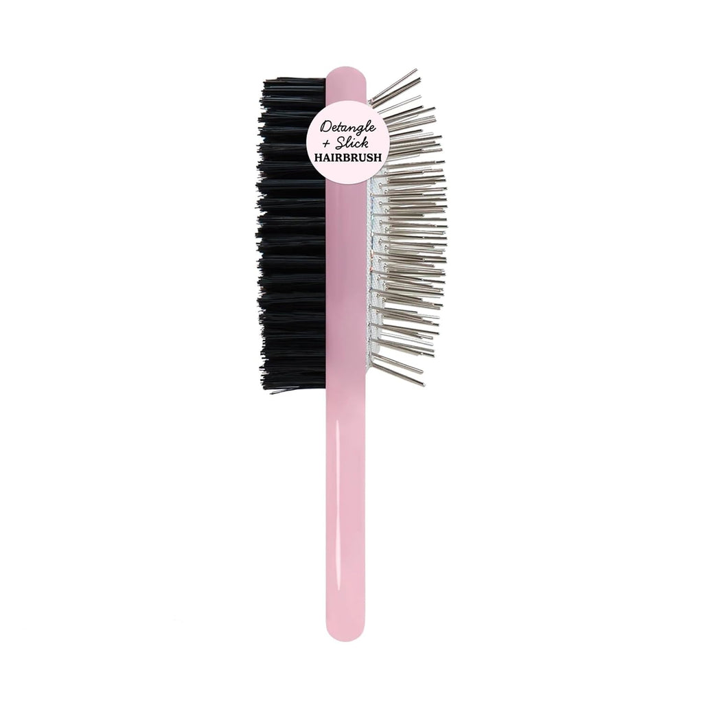 Mane Double Take Dual-Sided Hair Brush - Two-in-One Travel Size Boar Bristle Hair Brush for Smooth Slick Backs & Metal Pin Side for Detangling - For Ponytails, Buns & Touch-Ups On the Go