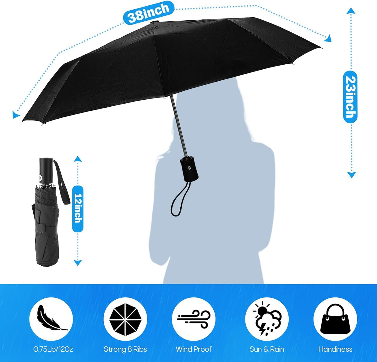 Travel Compact Umbrella, Folding Travel Umbrella for Rain and Shine Small, Windproof Automatic Open/Close, Portable Umbrellas