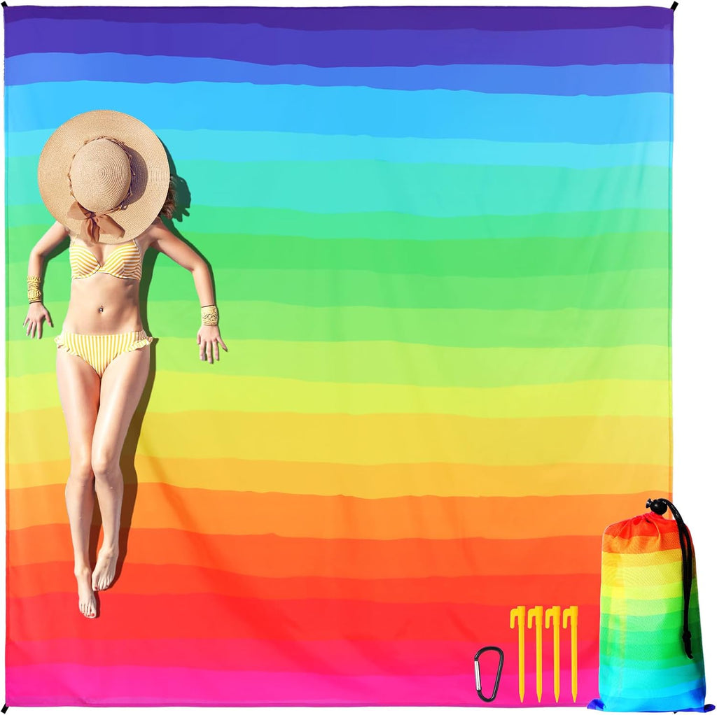 HunnmingRe 83"x 79" Rainbow Beach Blanket Large Waterproof Sandproof Beach Mat with Stakes & Pockets for 1-5 Adults, Quick Drying Outdoor Polyester Picnic Mat Accessories for Travel, Camping