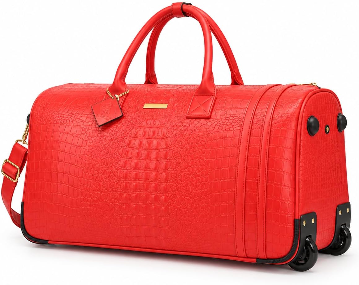 Tote&Carry Apollo 2 Large Rolling Duffle Bag with Wheels, Carry-On Roll Duffel for Travel, Gym, Sports, Daily, Weekend & All-Purpose Use for Men & Women (Crocodile Skin, Red)