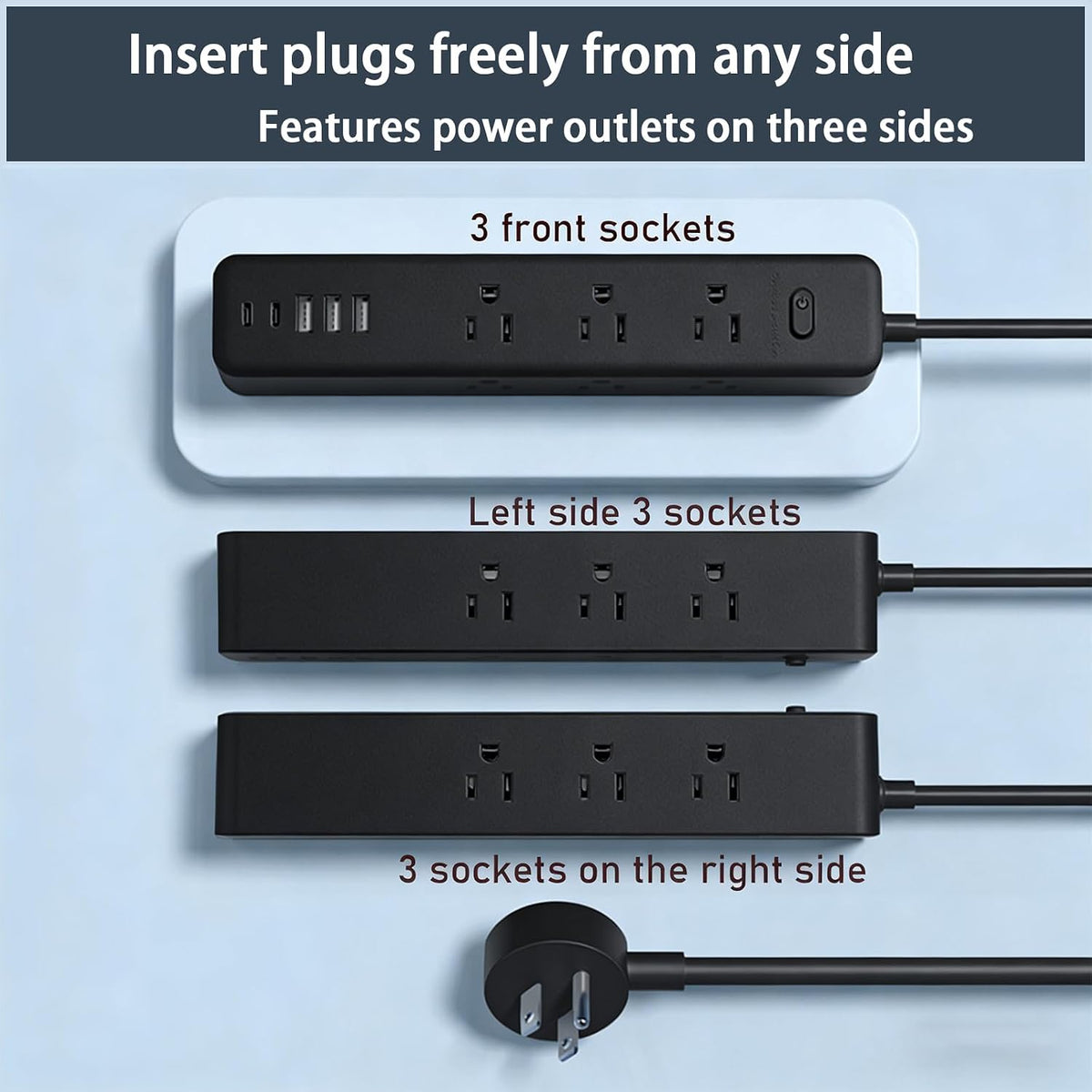 Surge Protector Power Strip，5ft 9 Widely Spaced Outlets, 3 USB A & 2 USB C Ports, Flat Plug Long Extension Cord for Travel Home Office Entertainment, Black