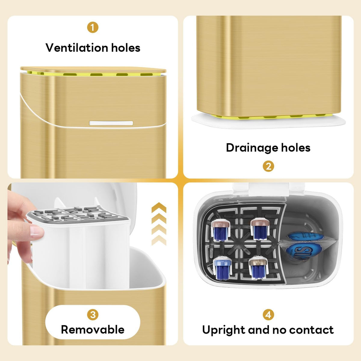 GFWARE Gold Bathroom Toothbrush Holder with Cover, Ventilated & Drainage