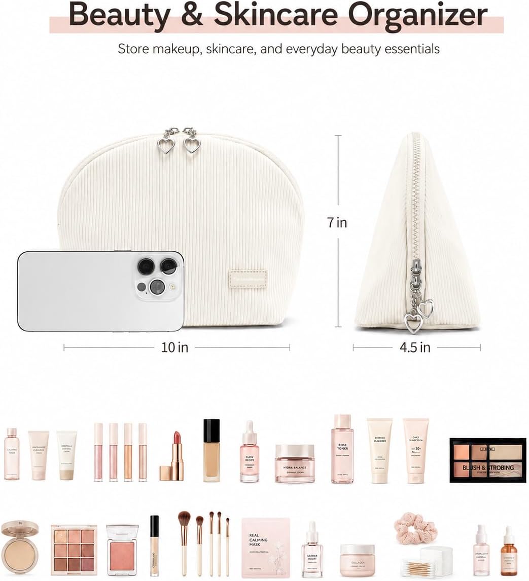 Travel Makeup Bag for Women, Magnetic Fold-Down Design, Off-white