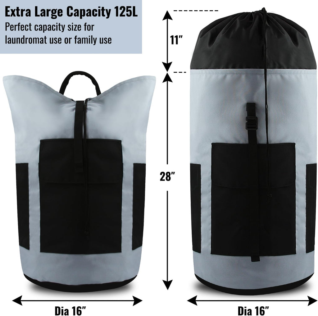 Laundry Bag Backpack 125L Extra Large, Heavy Duty 900D Coated Oxford Fabric, 3 Pockets Durable Travel Laundry Bags with Soft Padded Shoulder Straps for College Dorm, Apartment, Laundromat (Grey)