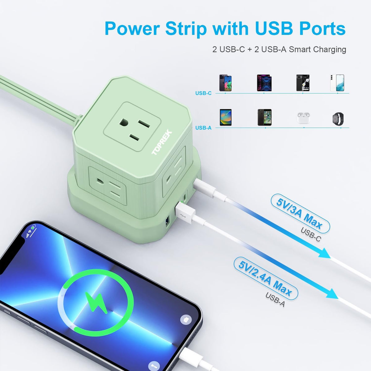 TOPREK Power Strip with USB, 5 Outlets, 2 USB-C and 2 USB-A, 5FT Flat Extension Cord with Ultra Thin Wall Plug for Tight Spaces, Compact Surge Protector Power Strip for Home Office Dorm Travel