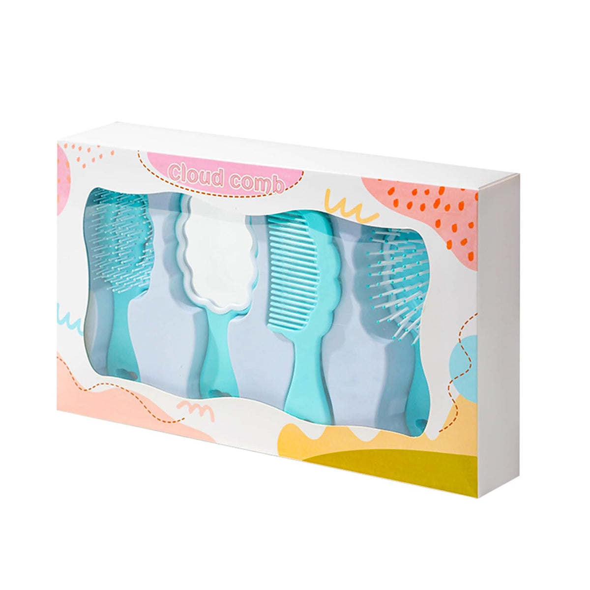 4 Pieces Mini Wet Hair Brush Hair Comb Set For Women Girls Kids Gift Small Cute Cloud shaped Hair Comb Hair Brush Handheld Mirror Set Travel Detangling Comb Massage HairBrush with Air Cushion (Blue)