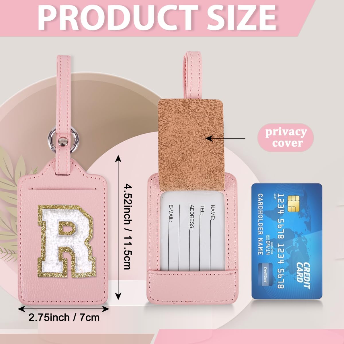 Personalized Initial Luggage Tags for Suitcases, Leather Chenille Letter Cute Luggage Tags with Privacy Name Card, Embroidered Travel Bag Backpack Tag Gifts for Women Kids Girls Teens(Pink-R)