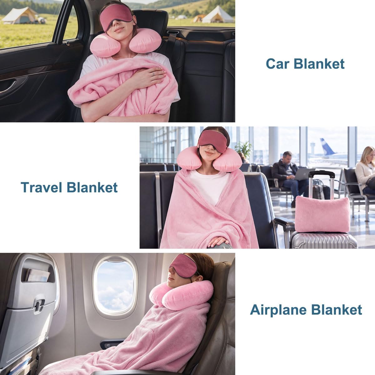 KAWAHOME Travel Blanket Airplane Compact Set with Neck Pillow, Eye Mask
