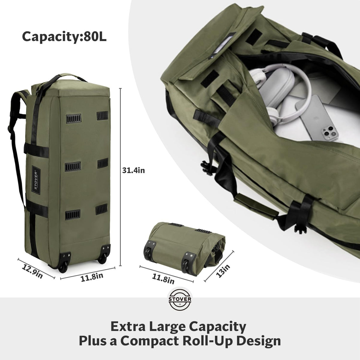 STOVER 45/80/100/120L Rolling Duffel Bag with Wheels, Large Durable Travel Duffle + Toiletry Bag, Heavy Duty, Packable with Shoulder Straps- Use as Luggage or Backpack, Men/Women (Green)