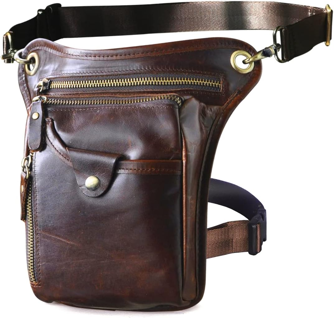 Le'aokuu Mens Genuine Leather Outdoor Sporting Hiking Waist Hip Pack Messenger Shoulder Drop Leg Thigh Bag Pouches For Women 211-5 (Brown 2)