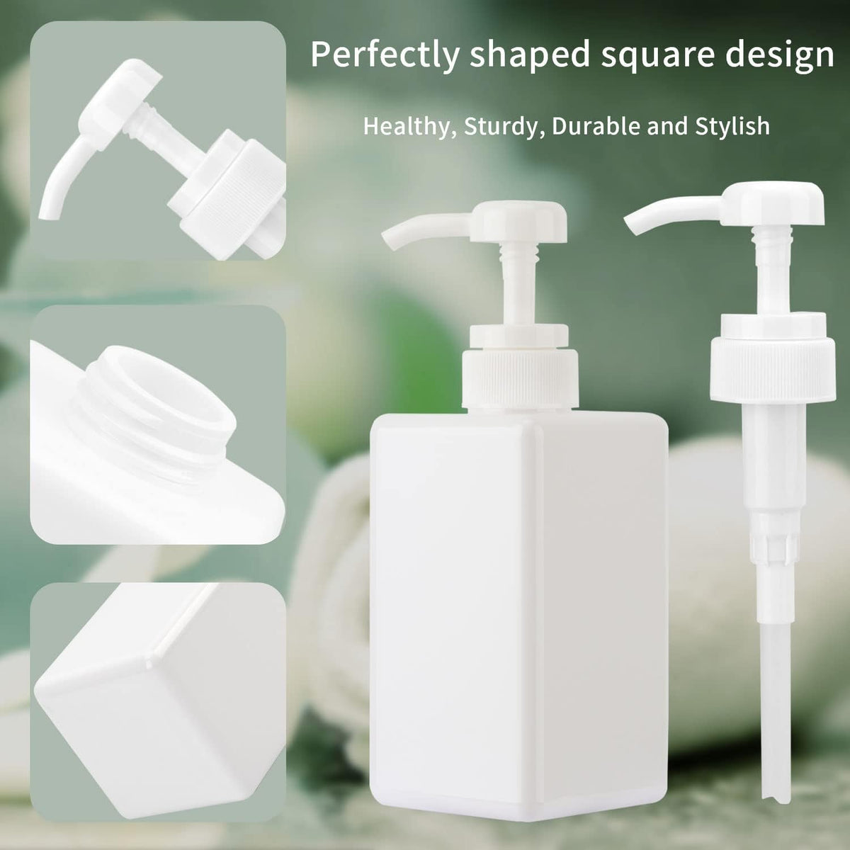 450ml (15.2oz) Pump Bottle Dispenser Jansburg 2Pack Refillable Square Plastic Lotion Dispenser Empty Lotion Pump Bottle for Essential Oil Soap Lotion Shampoo, Bathroom/Kitchen/Travel White