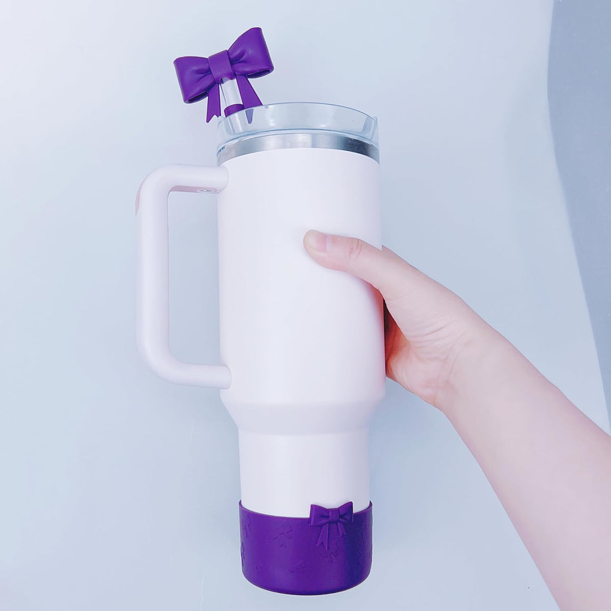 7.5cm Silicone Bottle Cover &10mm Bow Shape Straw Topper for Stanley Cup 12-40oz (2pcs Dark Purple)
