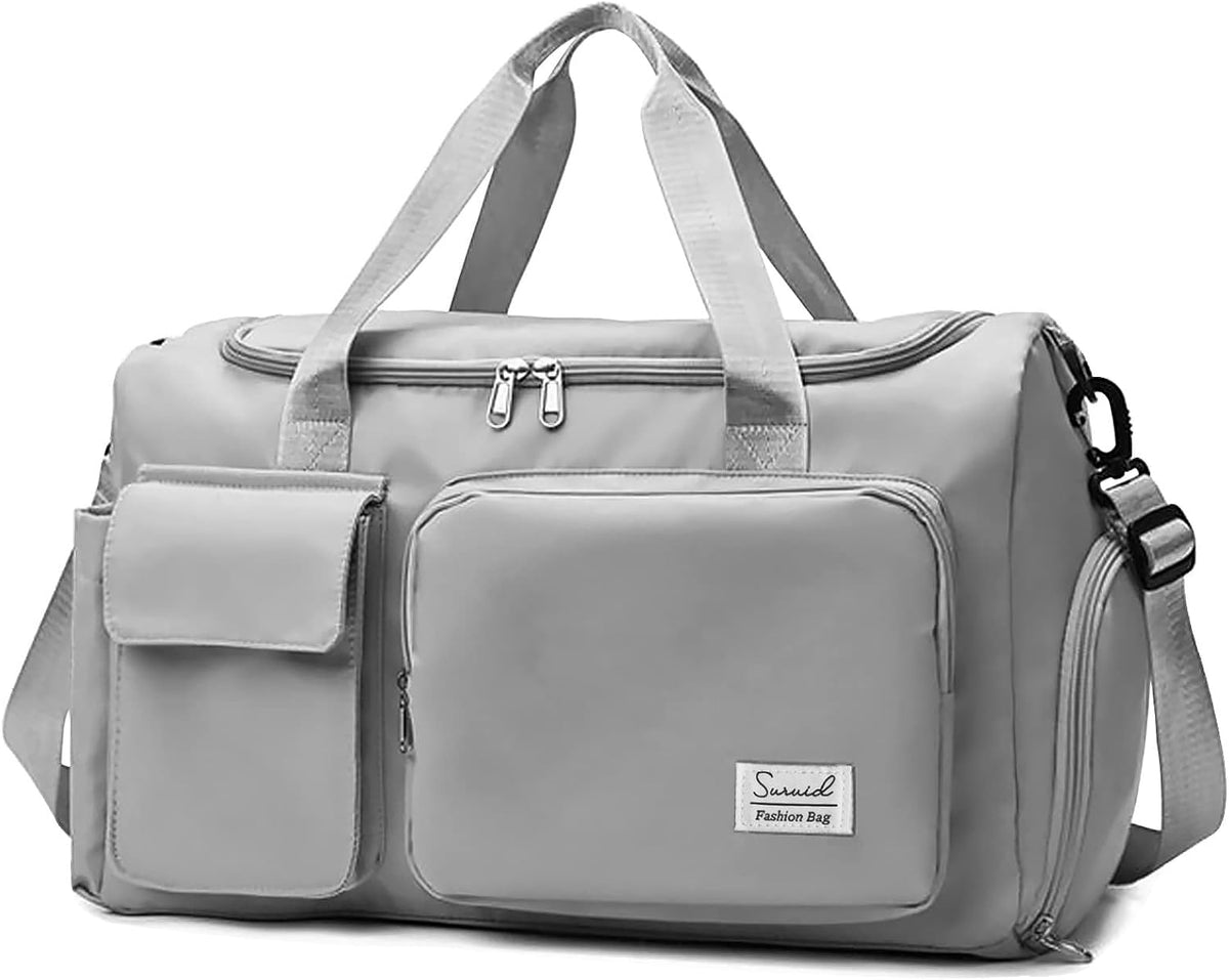 Suruid Gym Bag with Shoe Compartment, Sports Duffle Bag for Women, Gray