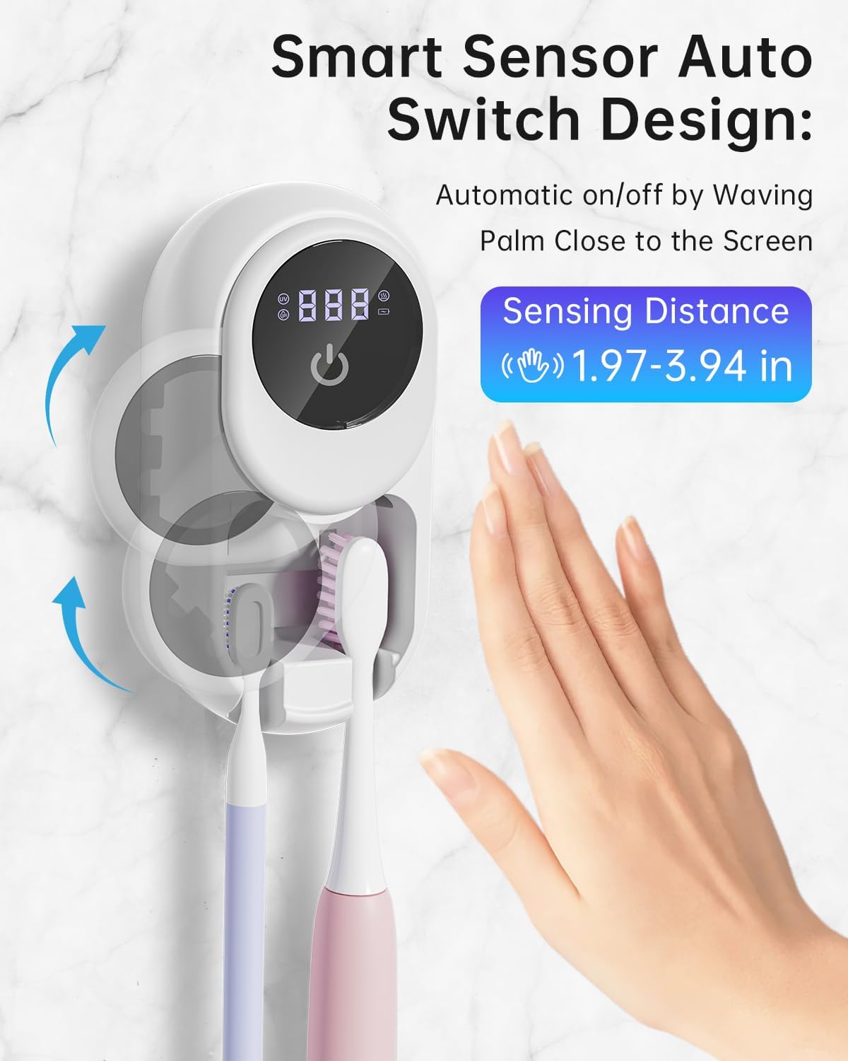 Toothbrush Holder & Toothbrush Cleaner, UV Toothbrush Sanitizer and Holder 2 Slots, Cleaning and Fan & Heat Drying, LED Smart Screen, Wall Mounted Tooth Brush Holder for Bathrooms (White)