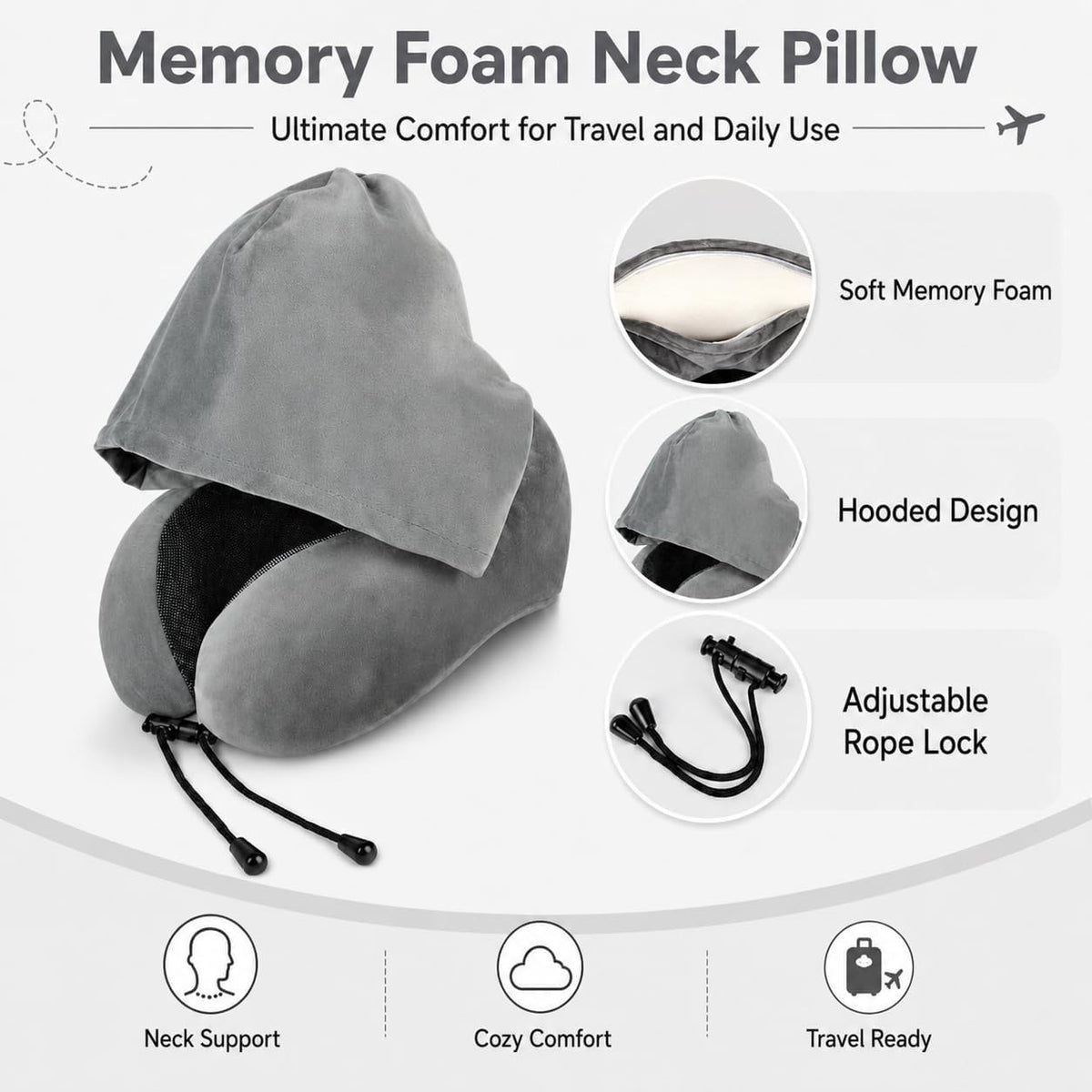 Travel Blanket and Pillow Set - Hooded Neck Pillow Airplane Essentials Grey