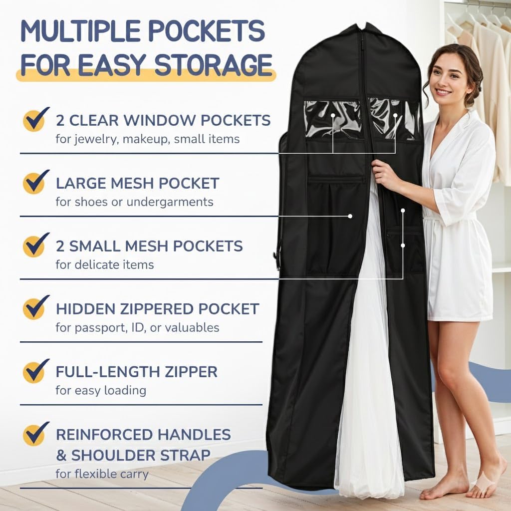 Wedding Dress Garment Bag 72" – Waterproof Trifold Travel Garment Bag for Bridal Gown with Shoulder Strap, Suitcase Sleeve & Accessory Pockets – Fits Full Skirts, Oxford Fabric, Carry Handle (Black)