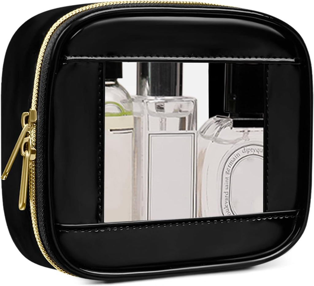 Small Clear Makeup Bag for Purse, Mini Waterproof Clear Cosmetic Bag Case Organizer, TSA Approved Square Small Makeup Case Pouch with Zipper, Car Travel Essentials for Women (Black-2, Mini)