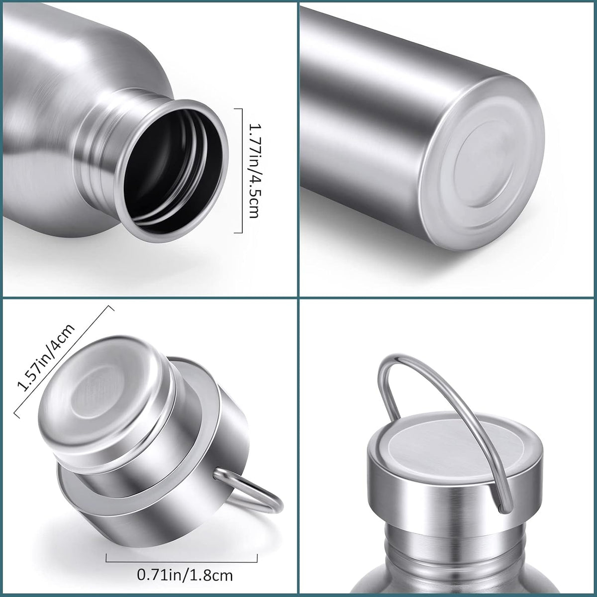 CHENGU 4 Pack Single Wall Stainless Steel Water Bottles 304 18/8 Metal Water Bottle Camping Bottles for Sports, Cyclists, Runners (Silver,26 oz)