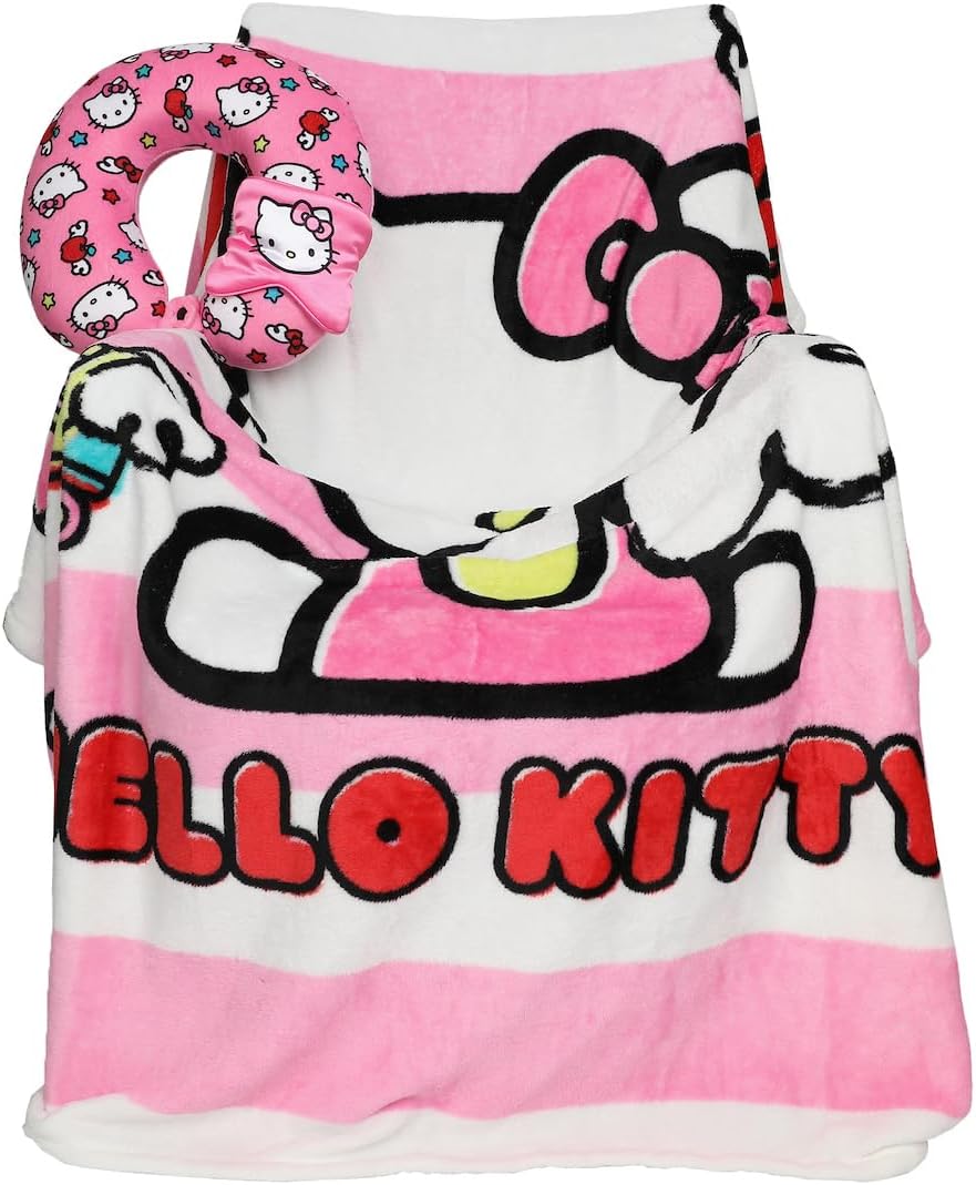 Bioworld Adult Hello Kitty Travel Set with Neck Pillow, Eye Mask, and Throw Blanket, Adorable Comfort for Hello Kitty Fans on the Go!