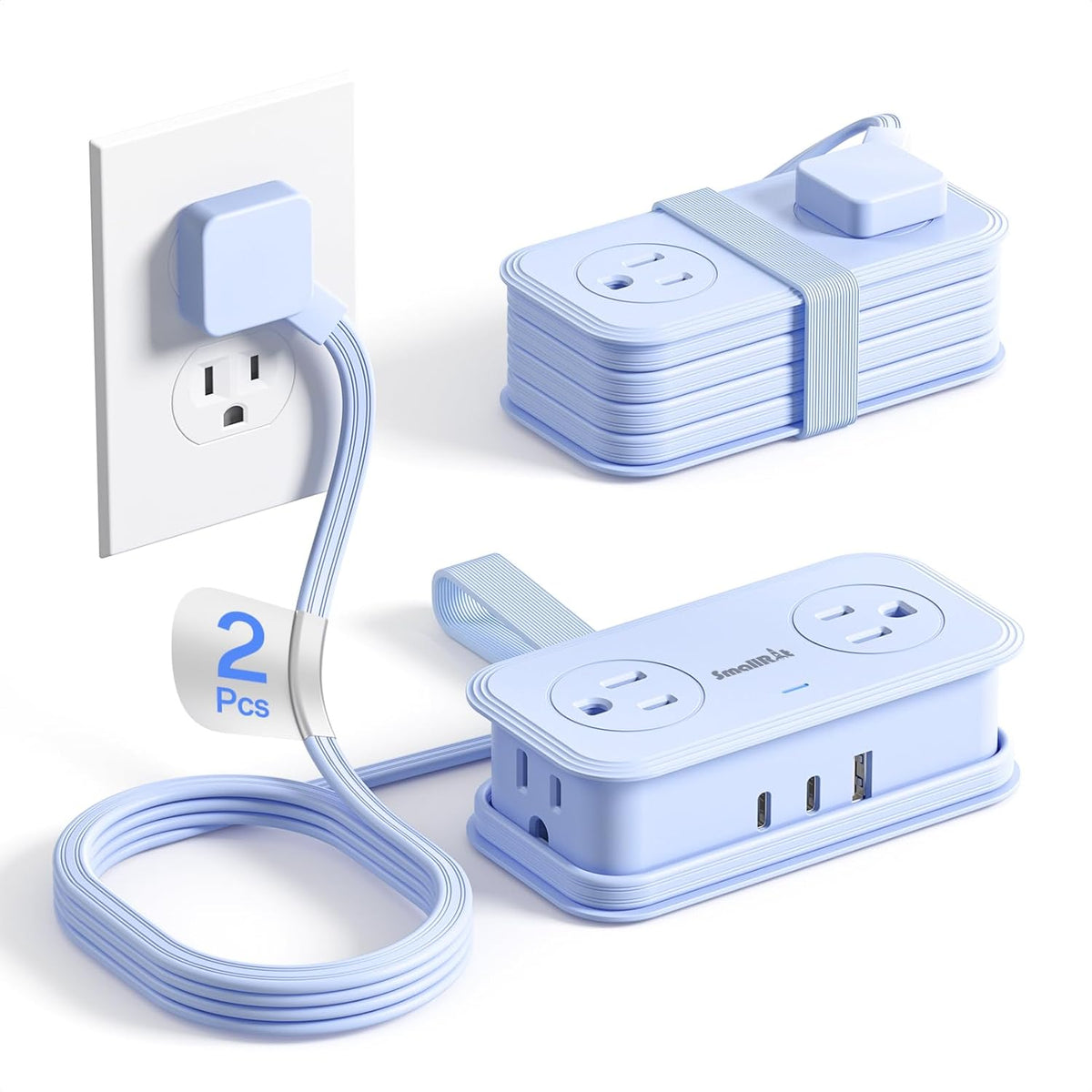 2 Pcs Travel Power Strip, SMALLRT Extension Cord with Multiple Outlets, 3.3FT Wrapped Extension Flat Plug Power Strip with 4 AC Outlets for Travel, Hotel, Cruise Approved, No Surge Protection, Blue