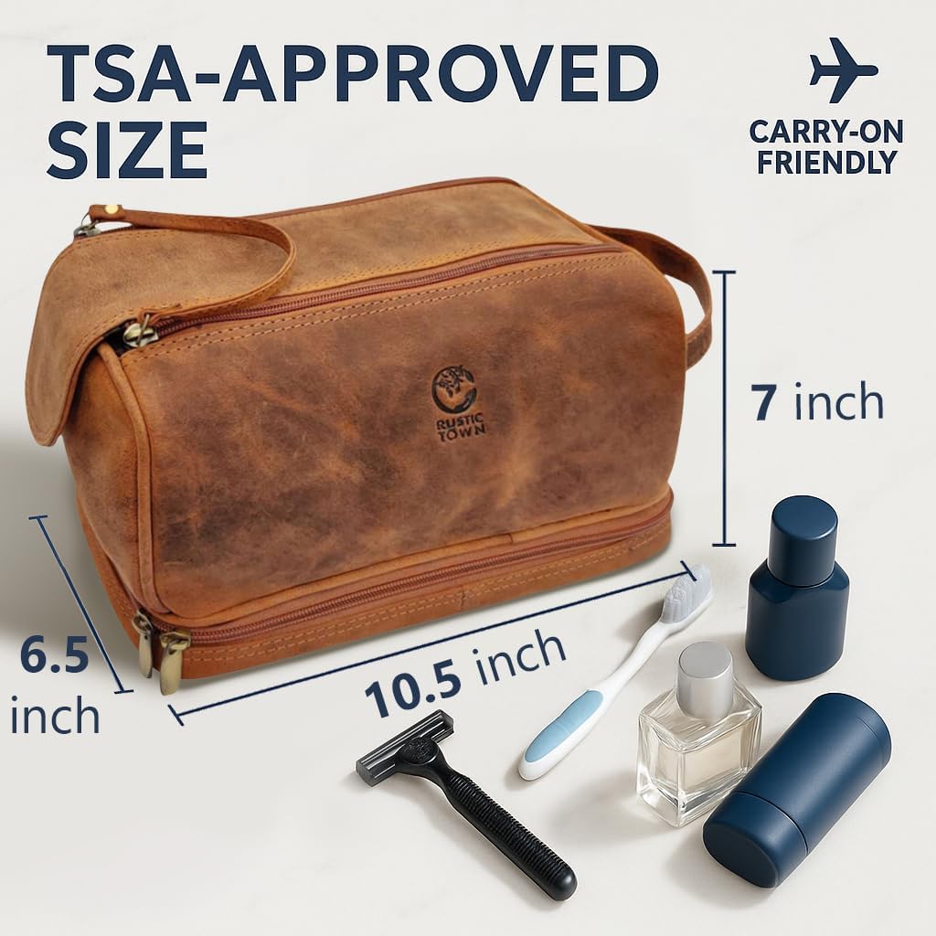 Leather Toiletry Bag for Men - Travel Shaving Dopp Kit - Bathroom Shower Toiletries Organizer - Cosmetic Make up Bag for Women