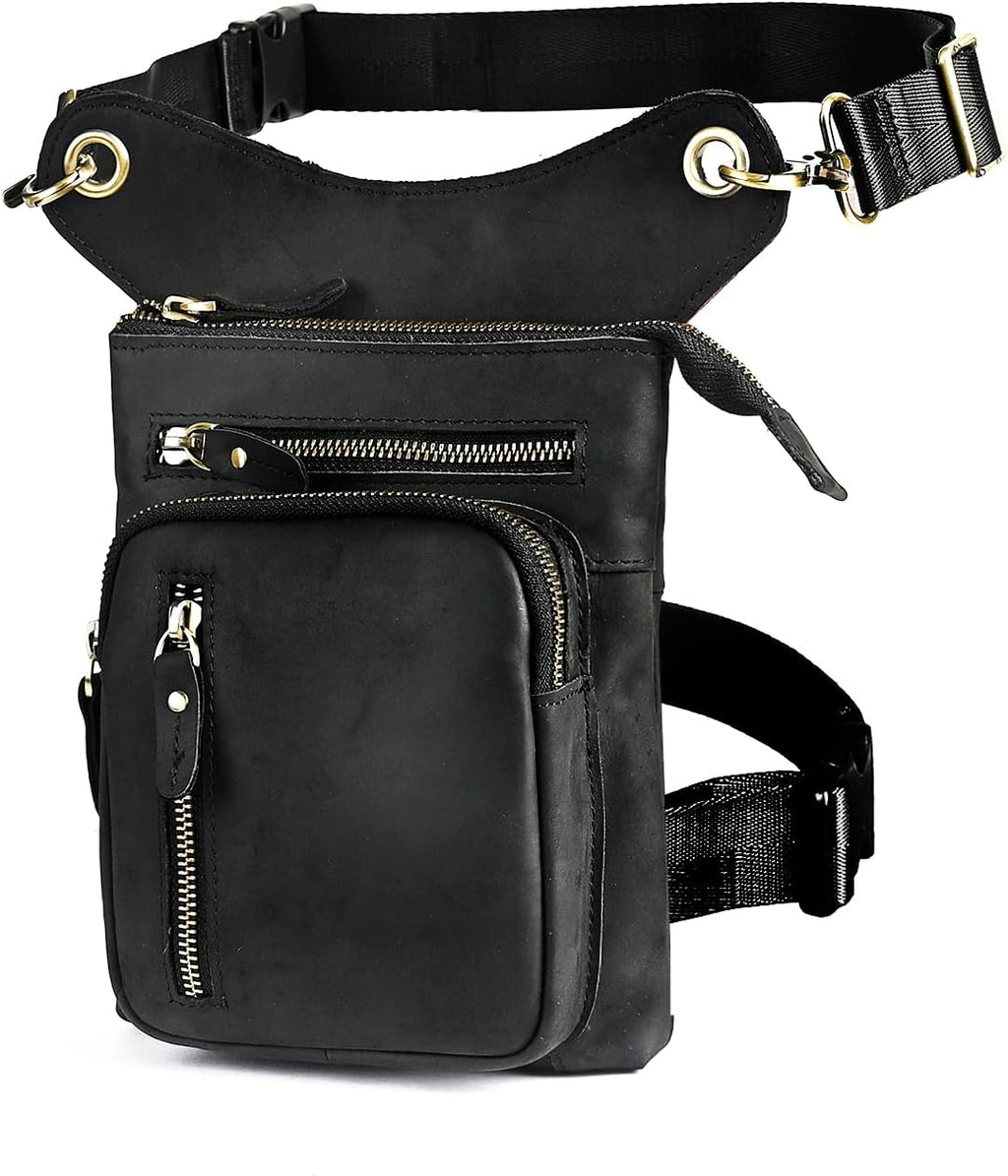 Le'aokuu Mens Genuine Leather Outdoor Sporting Hicking Waist Hip Pack Messenger Shoulder Drop Leg Thigh Bag Pouches For Women G1011 (G1011 Black 2)