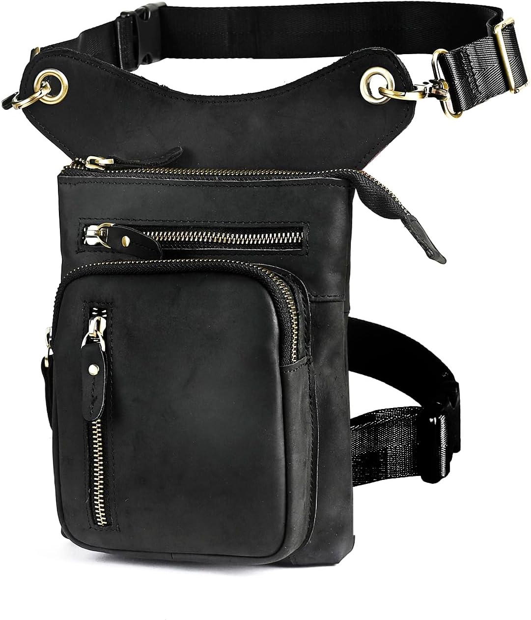 Le'aokuu Mens Genuine Leather Outdoor Sporting Hicking Waist Hip Pack Messenger Shoulder Drop Leg Thigh Bag Pouches For Women G1011 (G1011 Black 2)