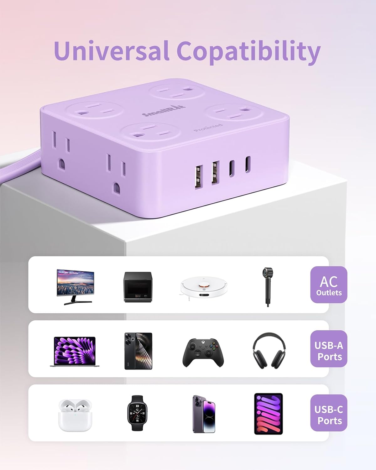 Extension Cord with Multiple Outlets, SMALLRT 10FT Flat Plug Power Strip, Power Strips with USB Ports, 8 Outlets, Outlets Extender for Home Office, Purple