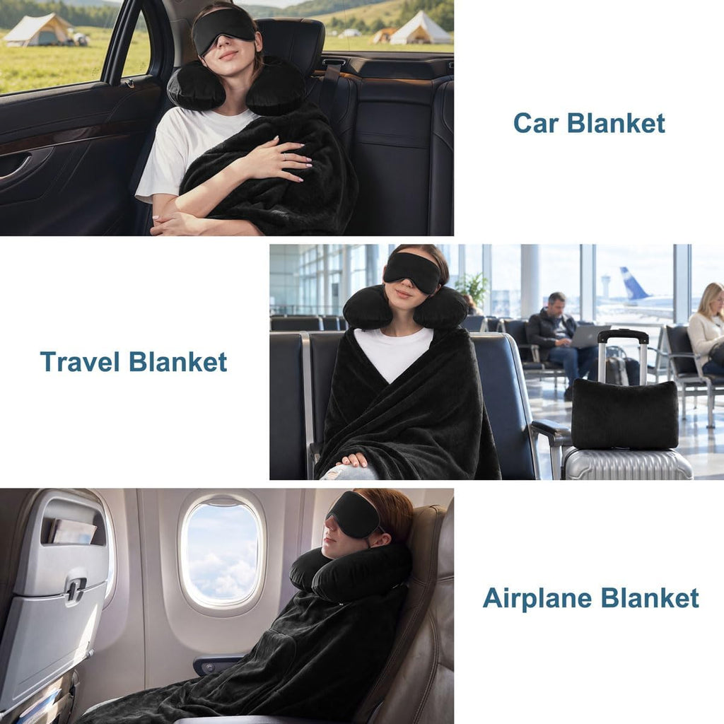 KAWAHOME Travel Blanket Airplane Compact Set with Neck Pillow, Eye Mask