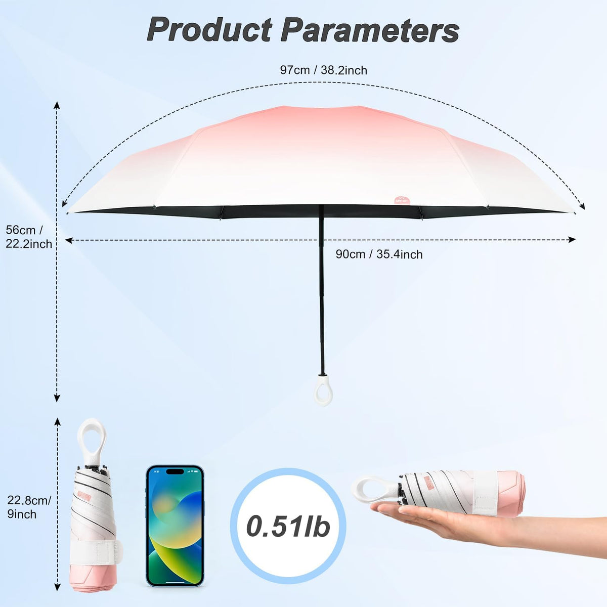 Gradient UV Umbrella UPF 50+, Mini Sun Parasol Foldable Compact Travel Size
