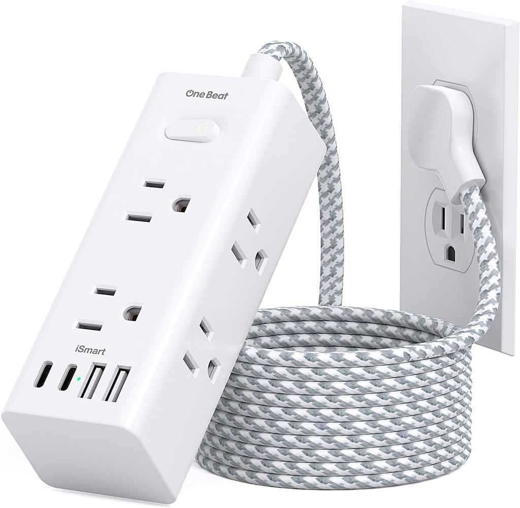 One Beat Surge Protector Power Strip, 6 Ft Flat Plug Extension Cord, 900J