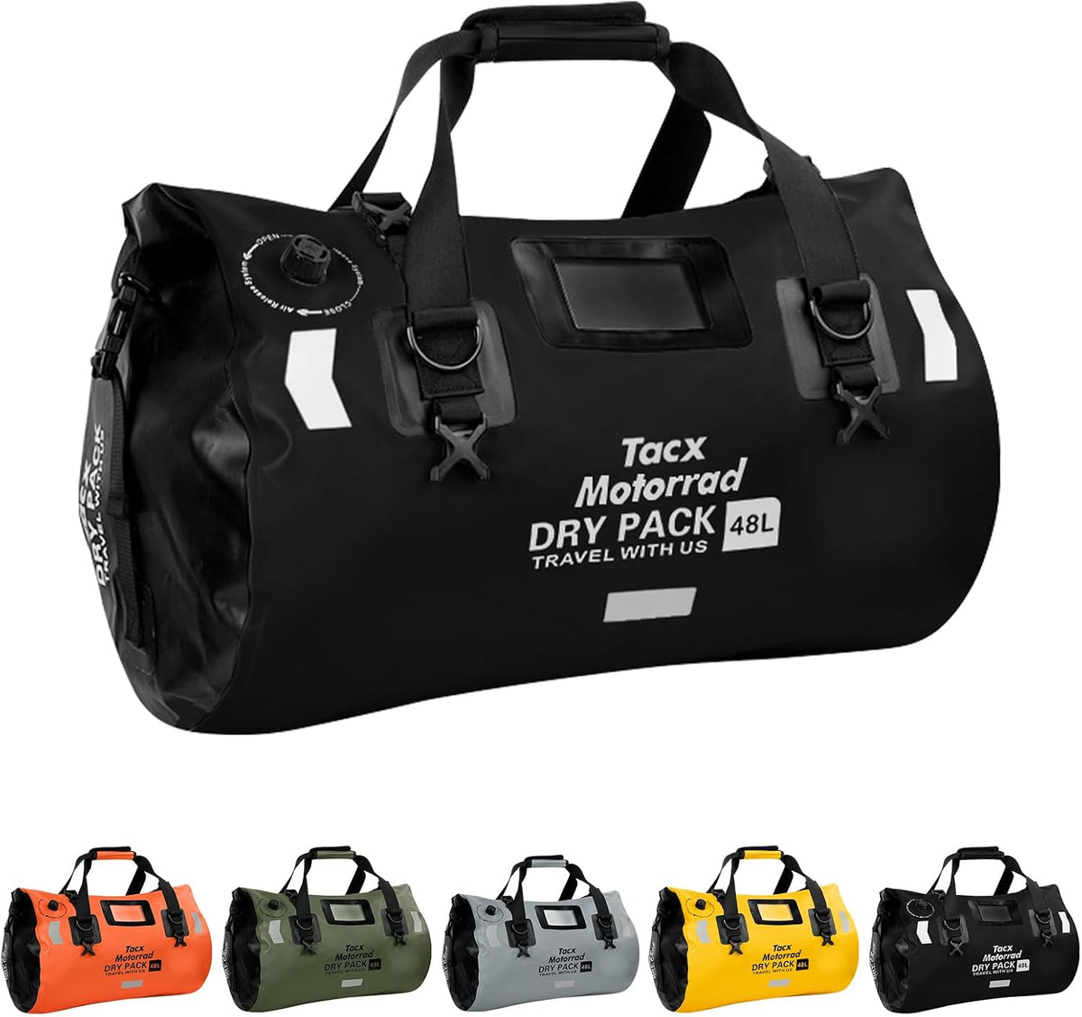 Waterproof Duffel Bag, Roll-top Dry Bag Tail Bag with Large Storage Space, Waterproof Luggage Duffle Bags with Quick-fixed Straps for Camping, Rafting,Kayaking, Traveling, 48L-Black