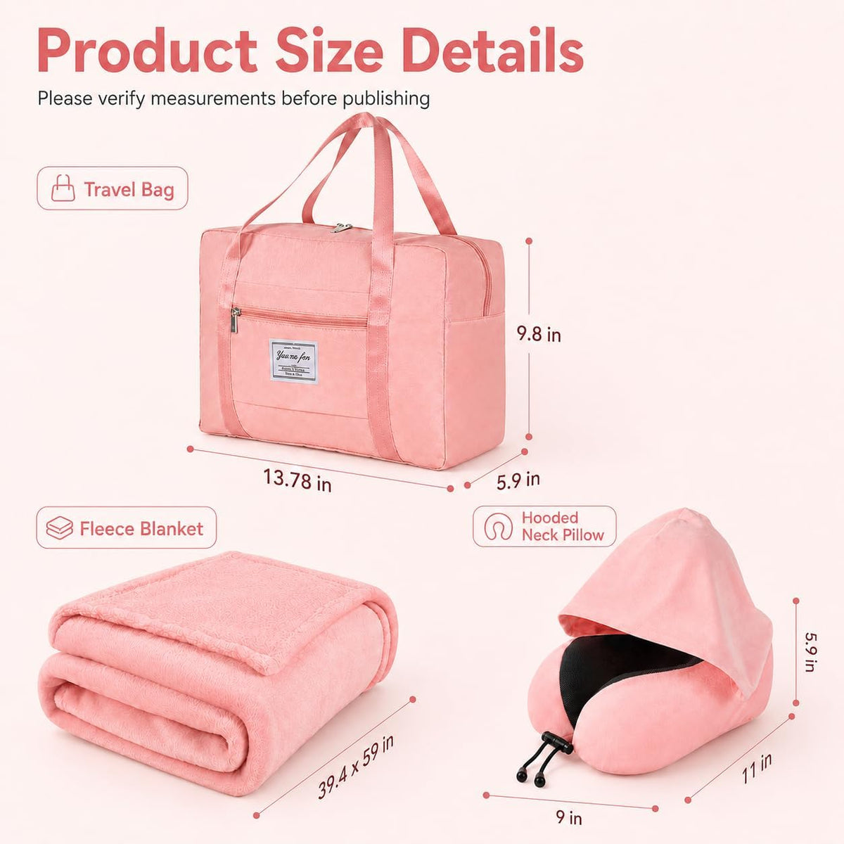 Travel Blanket and Pillow Set - Hooded Neck Pillow Airplane Essentials Pink