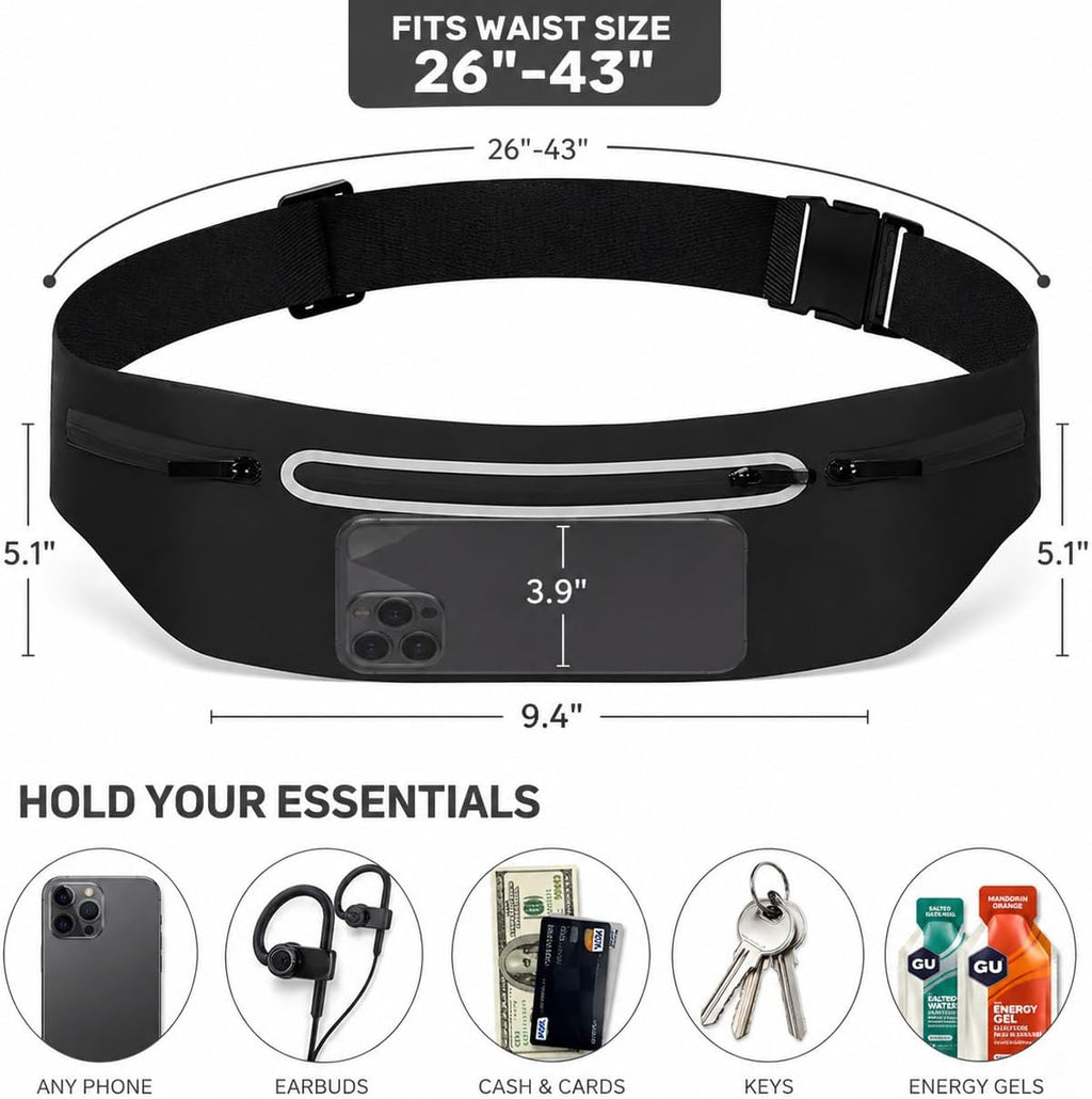 Slim No-Bounce Running Belt - Waterproof Exercise Waist Pack for Marathons, Hiking & Dog Walking - Hidden Travel Money Belt for Phones