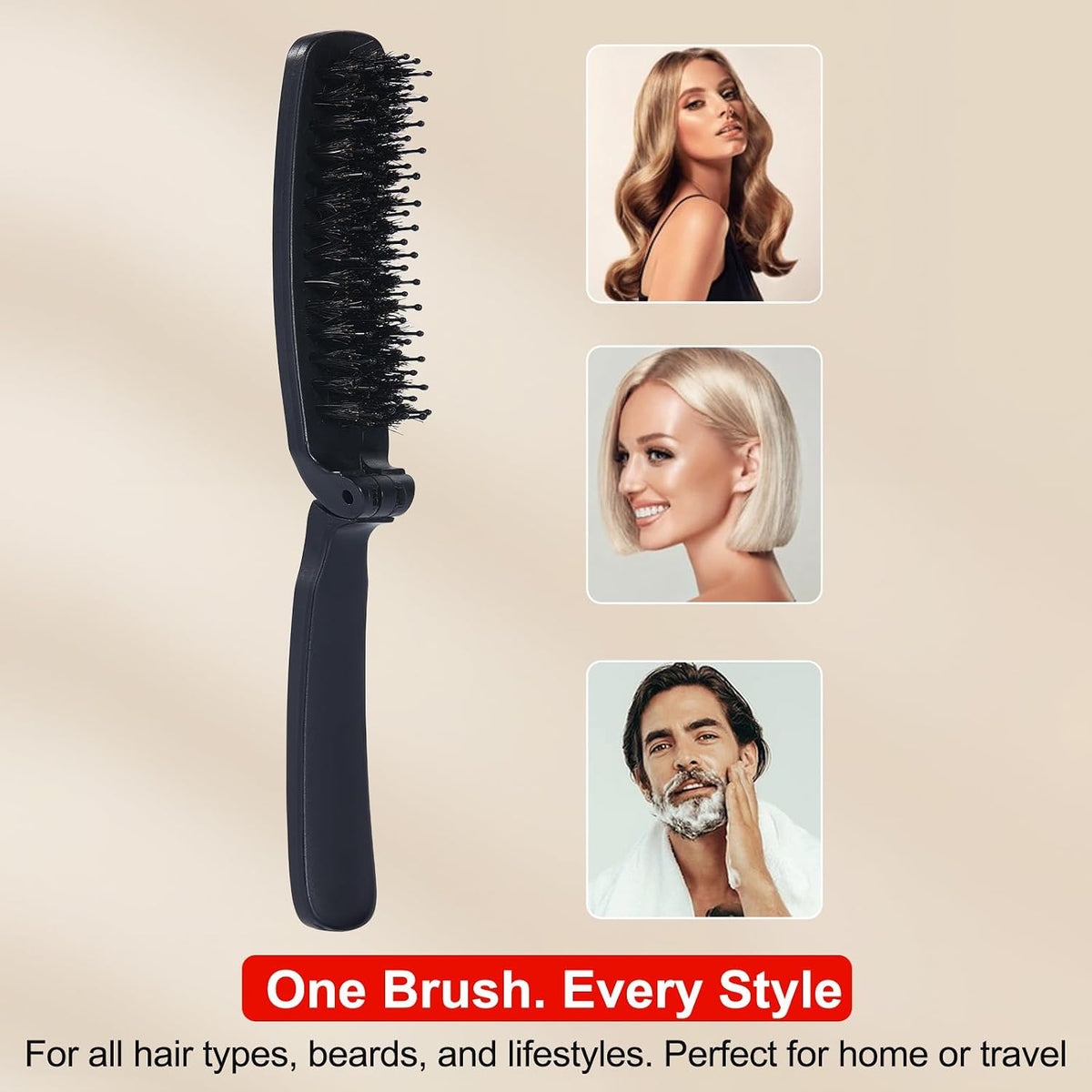 Mini Folding Boar Bristle Hair Brush for Women Men Travel & Purse, 4.4 in