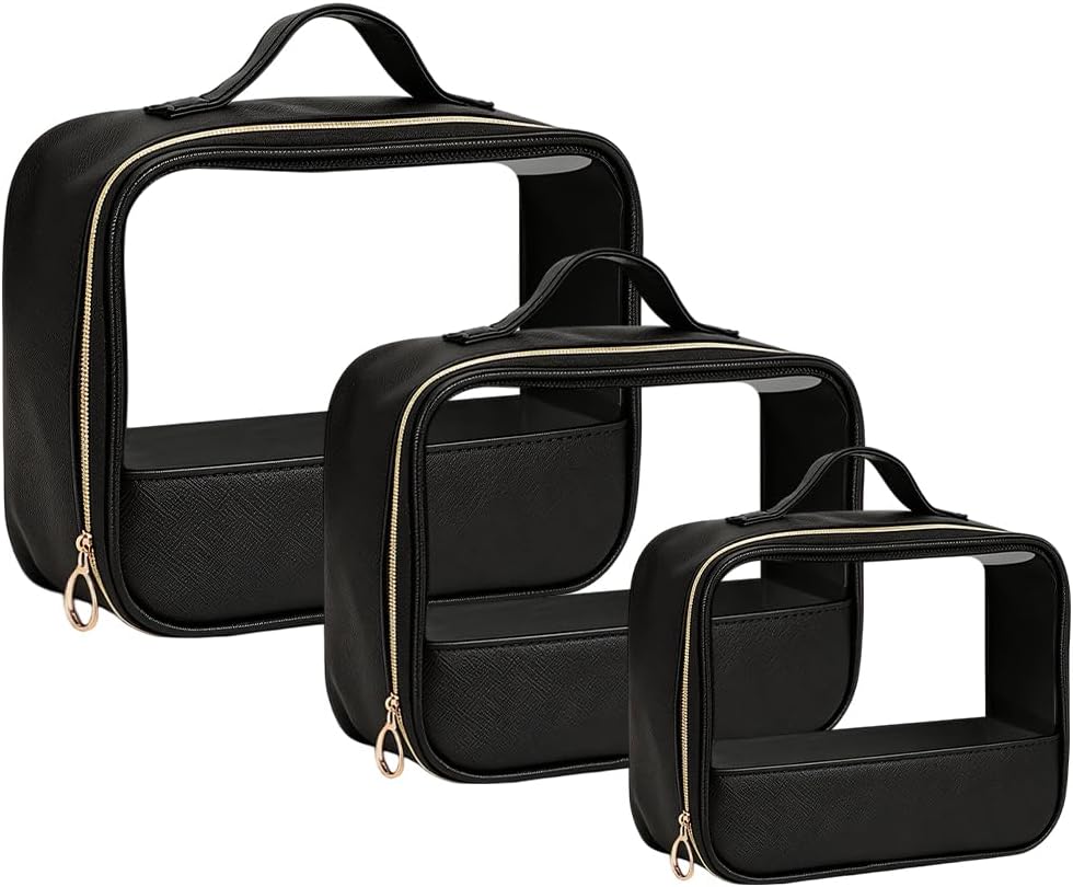 Clear Makeup Bags with Zipper, 3 Pack Clear Cosmetic Bag Set Makeup Organizer TSA Approved Travel Toiletry Bag for Carry-on & Checked Luggage Water Resistant Car Storage Organizer Women