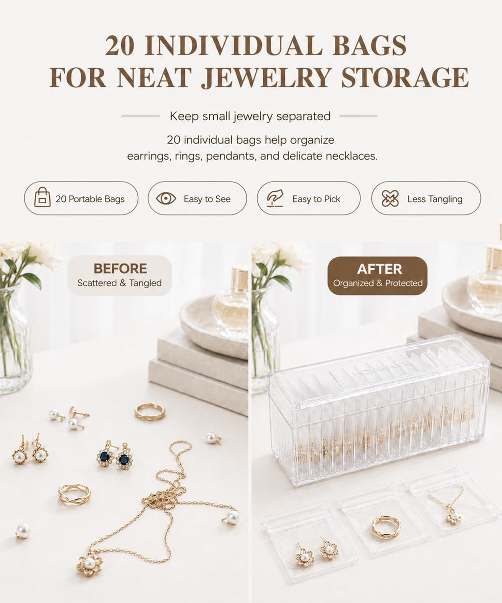 HOMEHIVE Acrylic Jewelry Box Organizer, Clear Jewelry Organizer and Storage with 20 Portable Anti Tarnish Jewelry bags, Travel Jewelry Case for Earrings/Rings/Necklaces Gifts for Women Girls, Clear