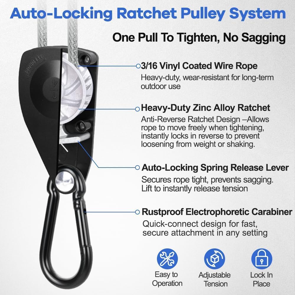 TooTaci Outdoor Clothesline Kit with Self-Locking Pulley, 15FT 3/16" Cable