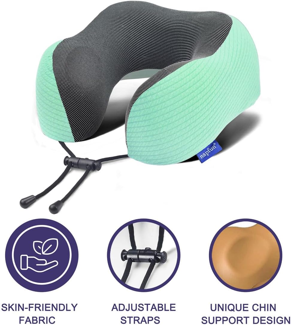 napfun Neck Pillow for Travel with Travel Pouch, Sleep Mask & Earplugs, Memory Foam Airplane Pillow for Headrest Sleep with Eyeshades, Plane Essentials with Eye Blindfold, Turquoise Striped Kit