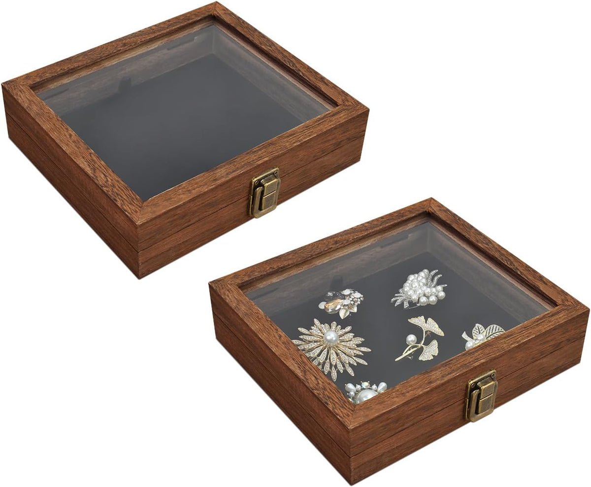 MOOCA Tempered-Glass Top 2 pieces Set Small Wooden Jewelry Display Case with Removable Black Luxurious Velvet Jewelry Display Pad, Deeper 2.2" Design for Collectibles, Brown Color.