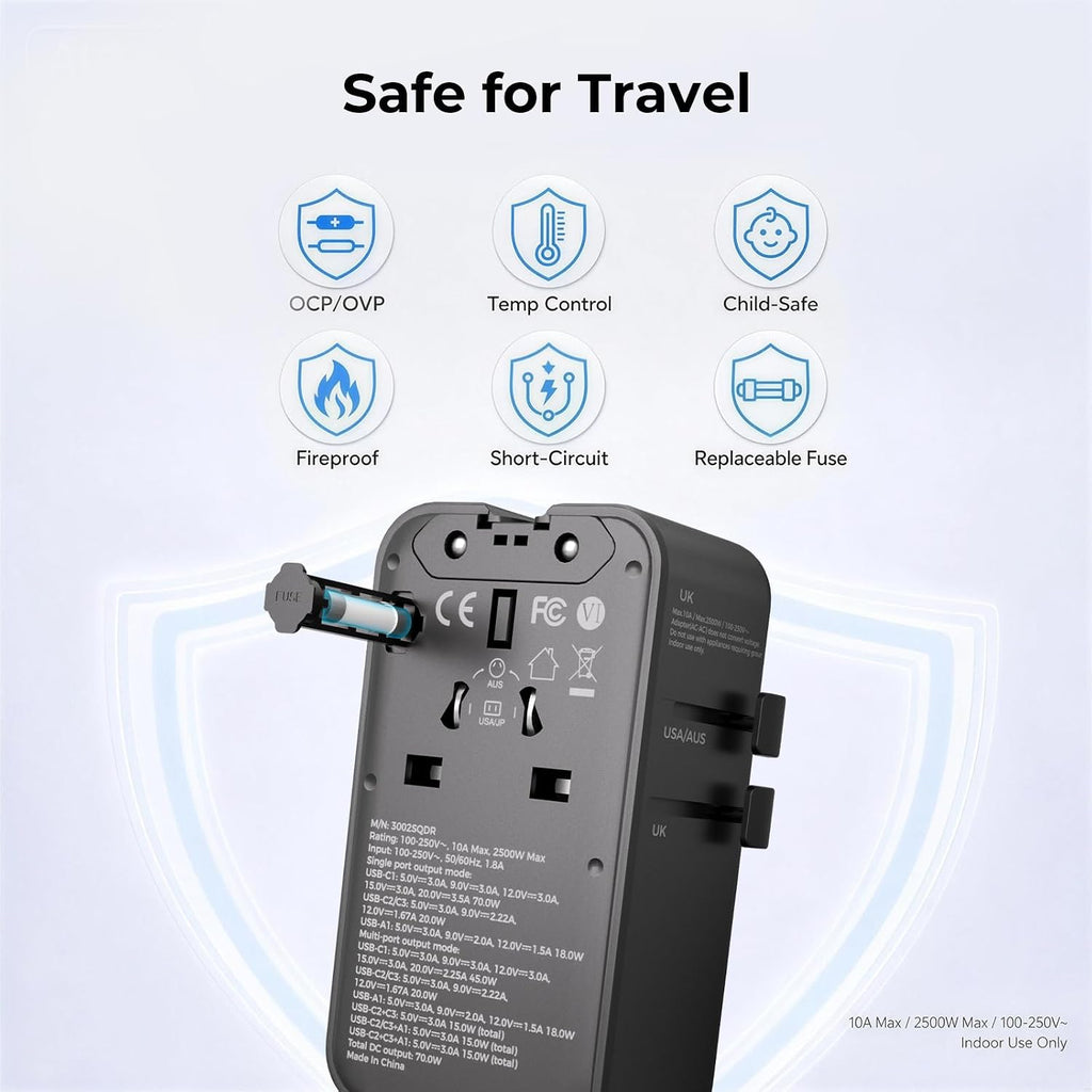 Dyness Universal Travel Adapter, 70W GaN Ultra-Slim, 4 USB Ports, AC Outlet