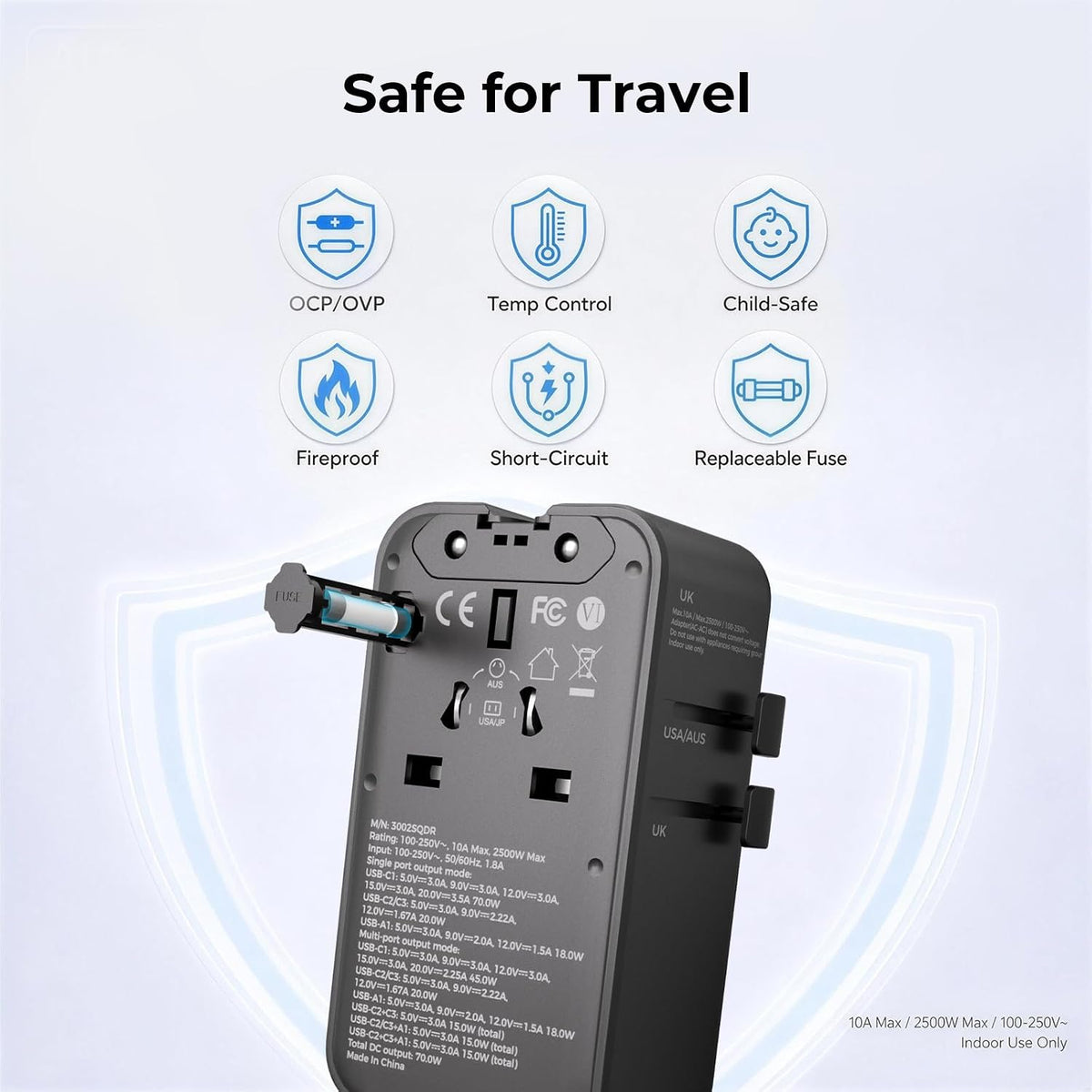 Dyness Universal Travel Adapter, 70W GaN Ultra-Slim, 4 USB Ports, AC Outlet