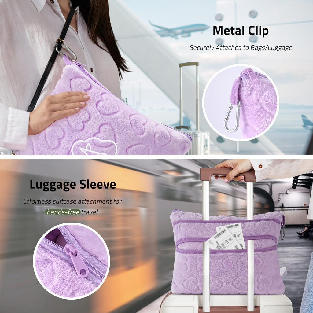 Travel Blanket, Airplane Blanket, Ultra-Soft, Warm & Lightweight, 65x40 in, Outdoor Blanket Essentials for Women, Men & Kids, Included Eye Mask, Luggage Sleeve & Backpack Clip Heart Purple