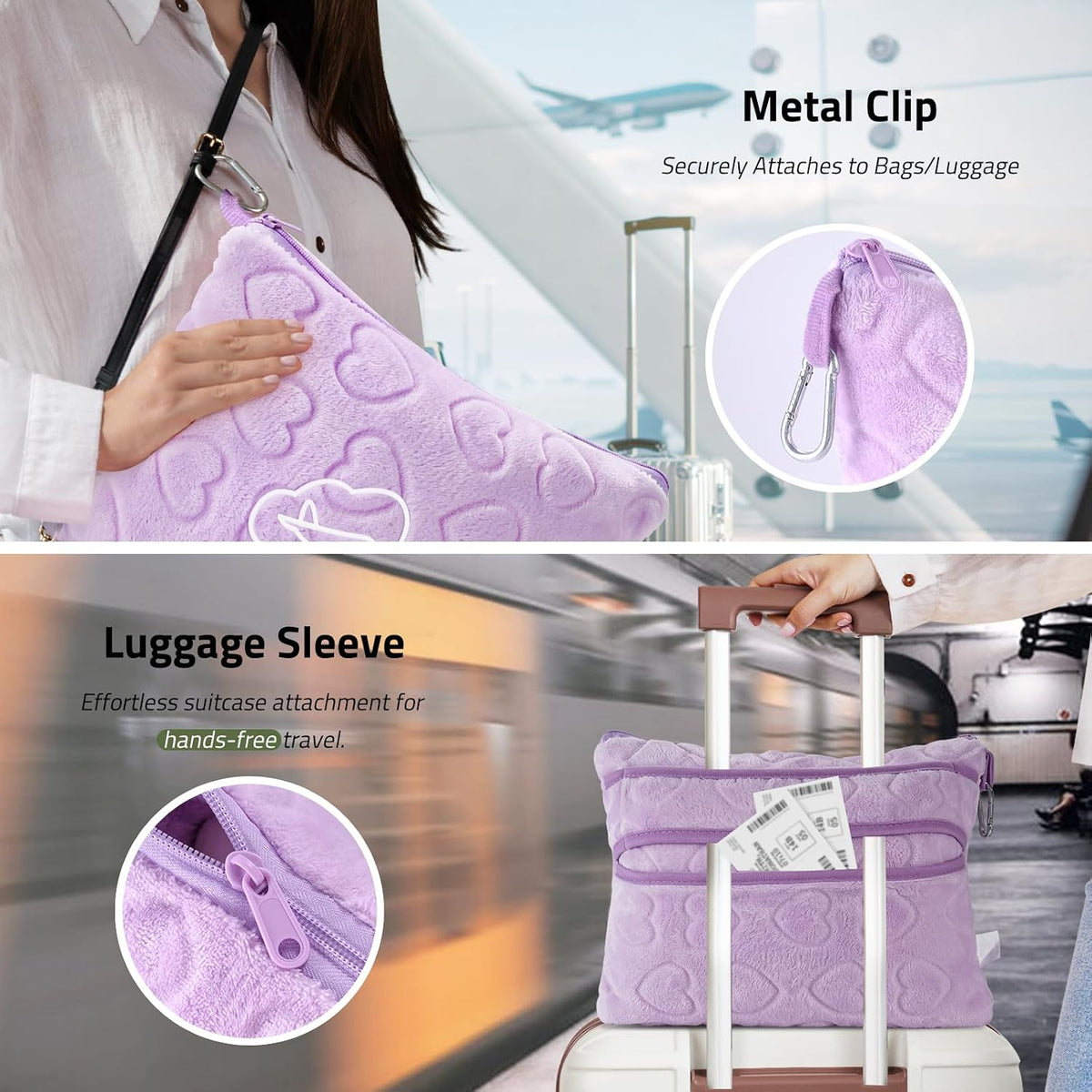 Travel Blanket, Airplane Blanket, Ultra-Soft, Warm & Lightweight, 65x40 in, Outdoor Blanket Essentials for Women, Men & Kids, Included Eye Mask, Luggage Sleeve & Backpack Clip Heart Purple