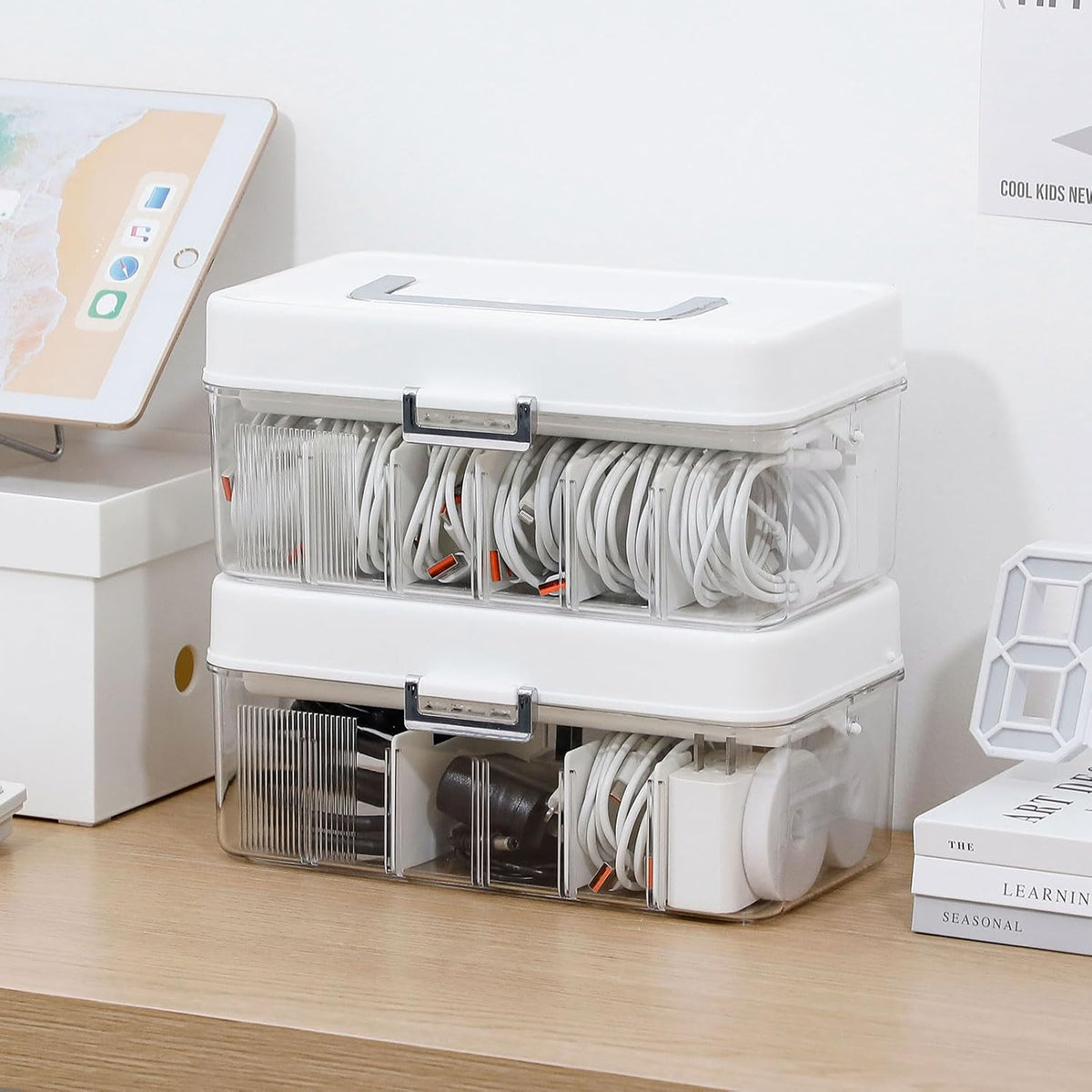 Large Cable Organizer Box with Lid and Wire Ties, Plastic